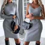 Women’s 2-Piece Slim Fit Set – Long Sleeve Top & Suspender Skirt