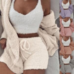 Women’s 3-Piece Pajama Set – Long Sleeve Crop Top, Tank Top & Shorts