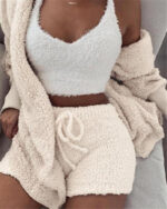 Women’s 3-Piece Pajama Set – Long Sleeve Crop Top, Tank Top & Shorts - Image 2