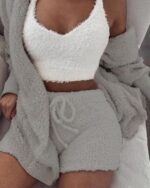 Women’s 3-Piece Pajama Set – Long Sleeve Crop Top, Tank Top & Shorts - Image 3